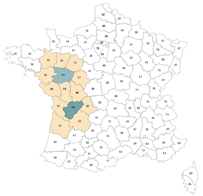 Carte de France, zones prioritaires d'interventions : Nouvelle Aquitaine et Pays de la Loire.